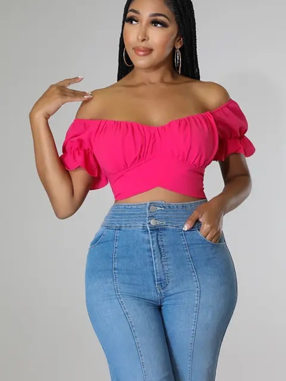 LYANER Hot Pink Off Shoulder Crop Top Tie Back Puff Sleeve Size Large EUC